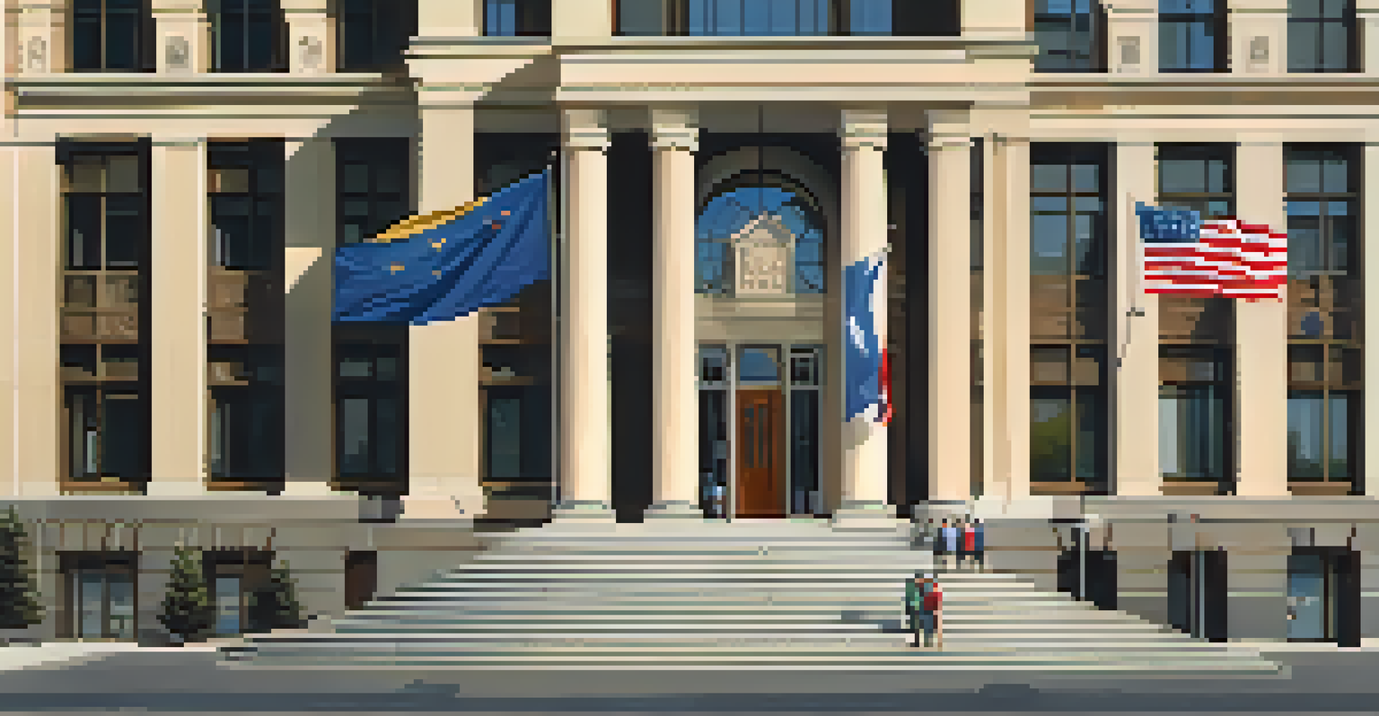 Close-up of a local government building with flags and people interacting outside, representing community engagement.