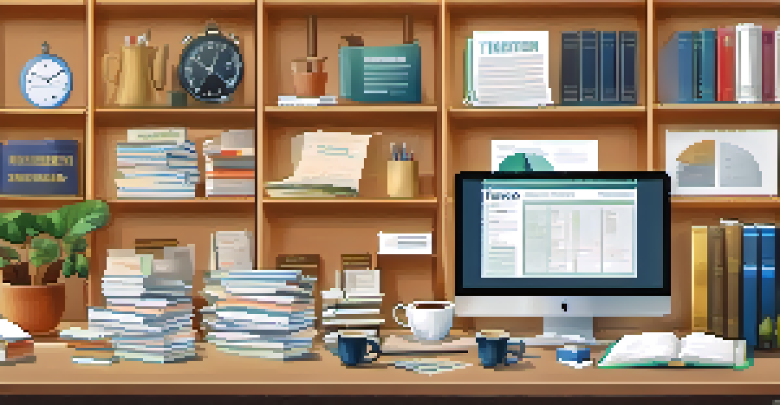 A financial workspace with a laptop, tax documents, calculator, and investment books.