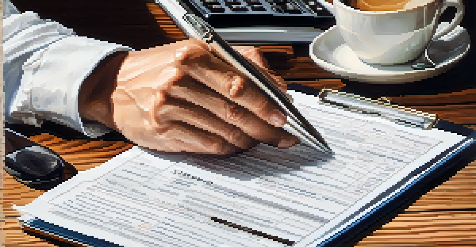 Hands holding a clipboard with tax documents and a calculator on a wooden table, illuminated by soft light.