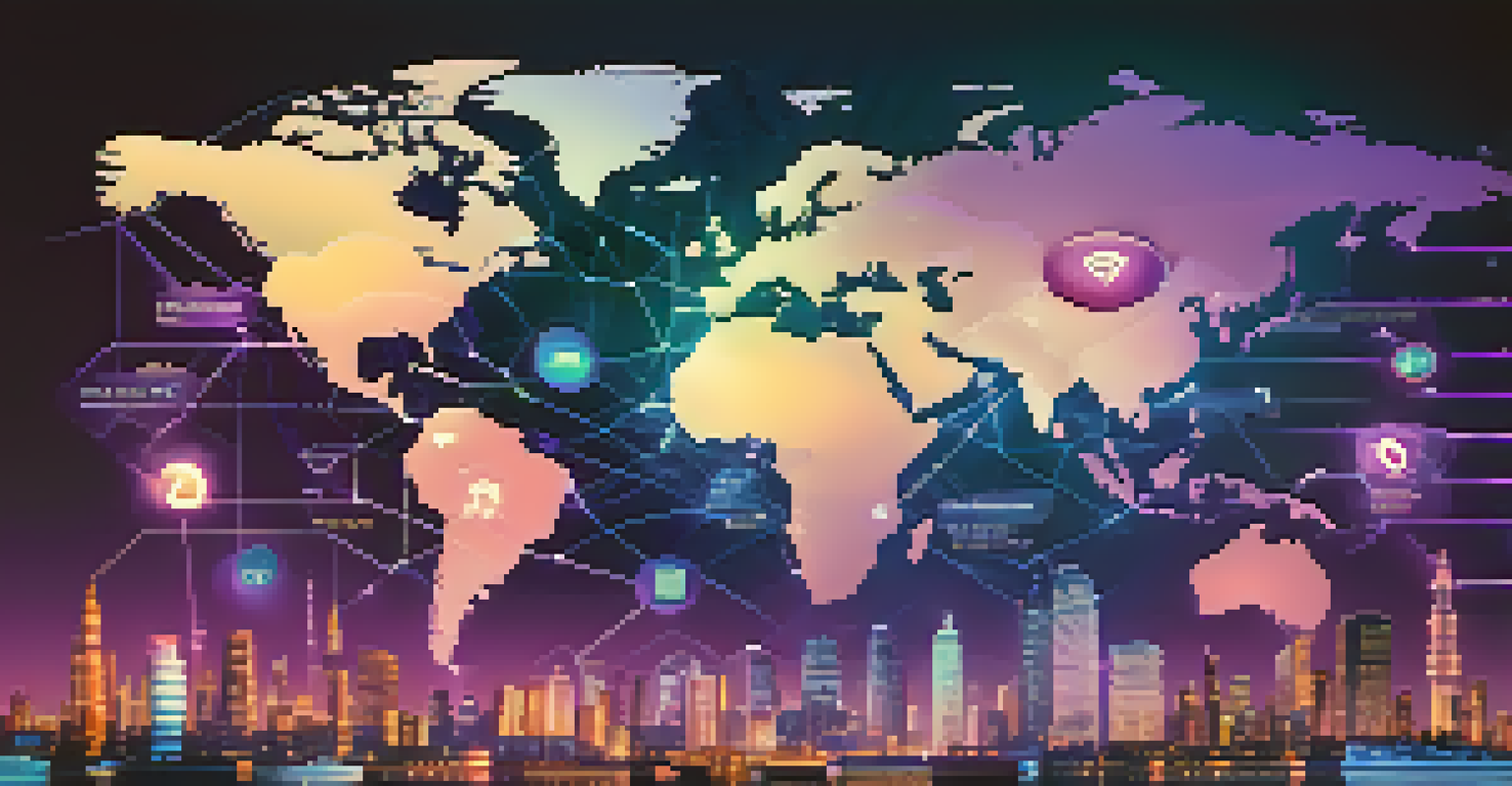 A stylized world map with glowing connections between cities and digital icons, representing global business interactions.
