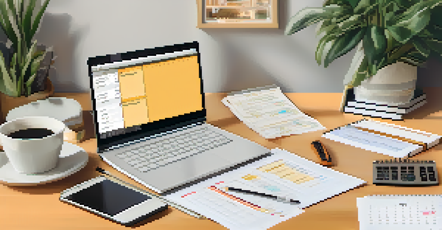 An organized workspace with a calendar, notebook, and laptop showing tax software.