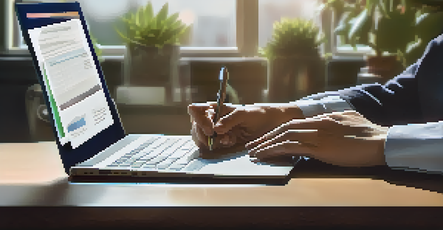 A close-up of hands typing on a laptop with financial documents and a coffee cup on a desk.