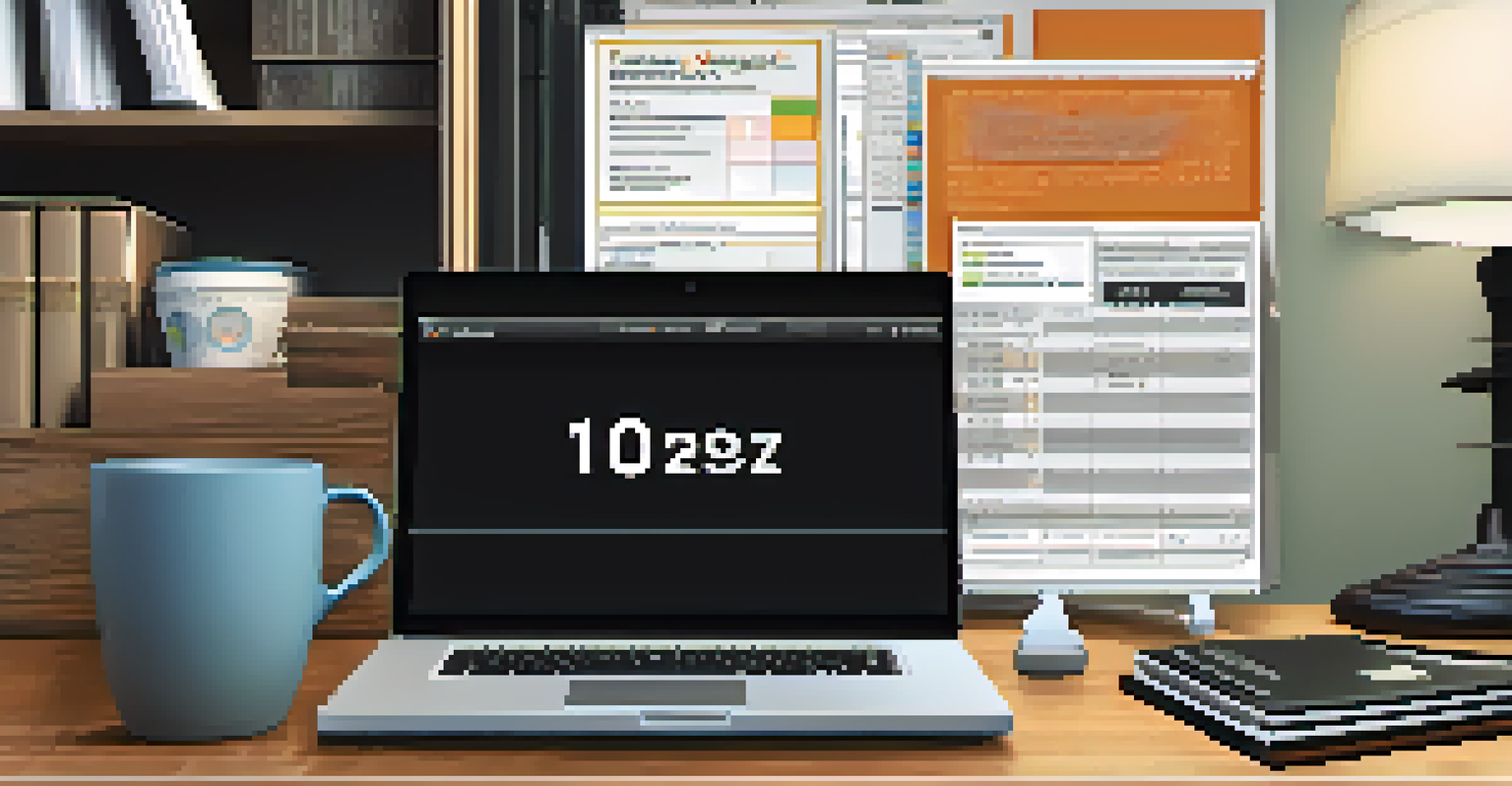 An office workspace with a laptop showing a 1099 form on the screen, along with a coffee mug and notepad.
