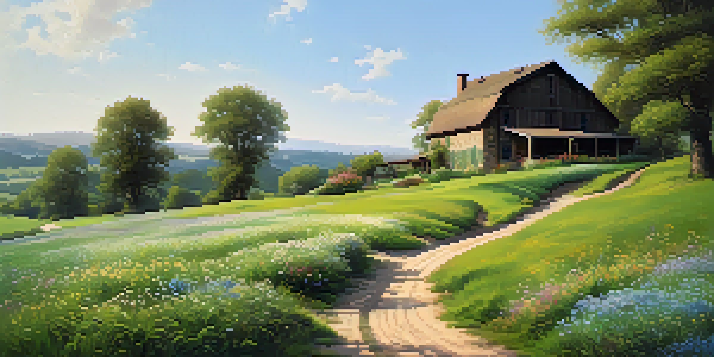 A peaceful countryside landscape featuring a farmhouse and colorful wildflowers under a bright sky.