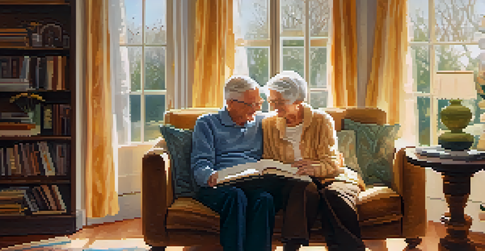An elderly couple joyfully reminiscing together in a sunlit living room, surrounded by photo albums and a cozy atmosphere.