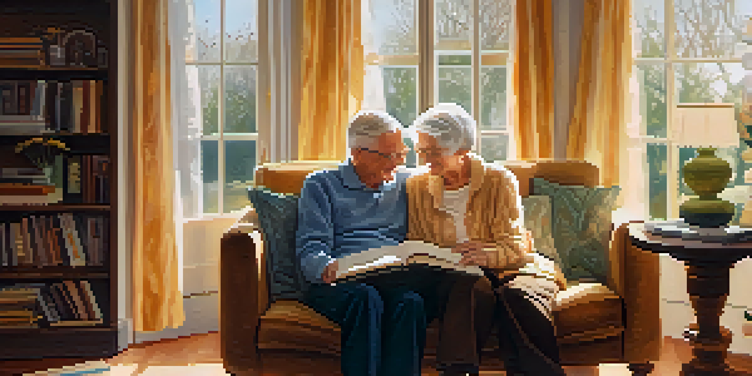An elderly couple joyfully reminiscing together in a sunlit living room, surrounded by photo albums and a cozy atmosphere.