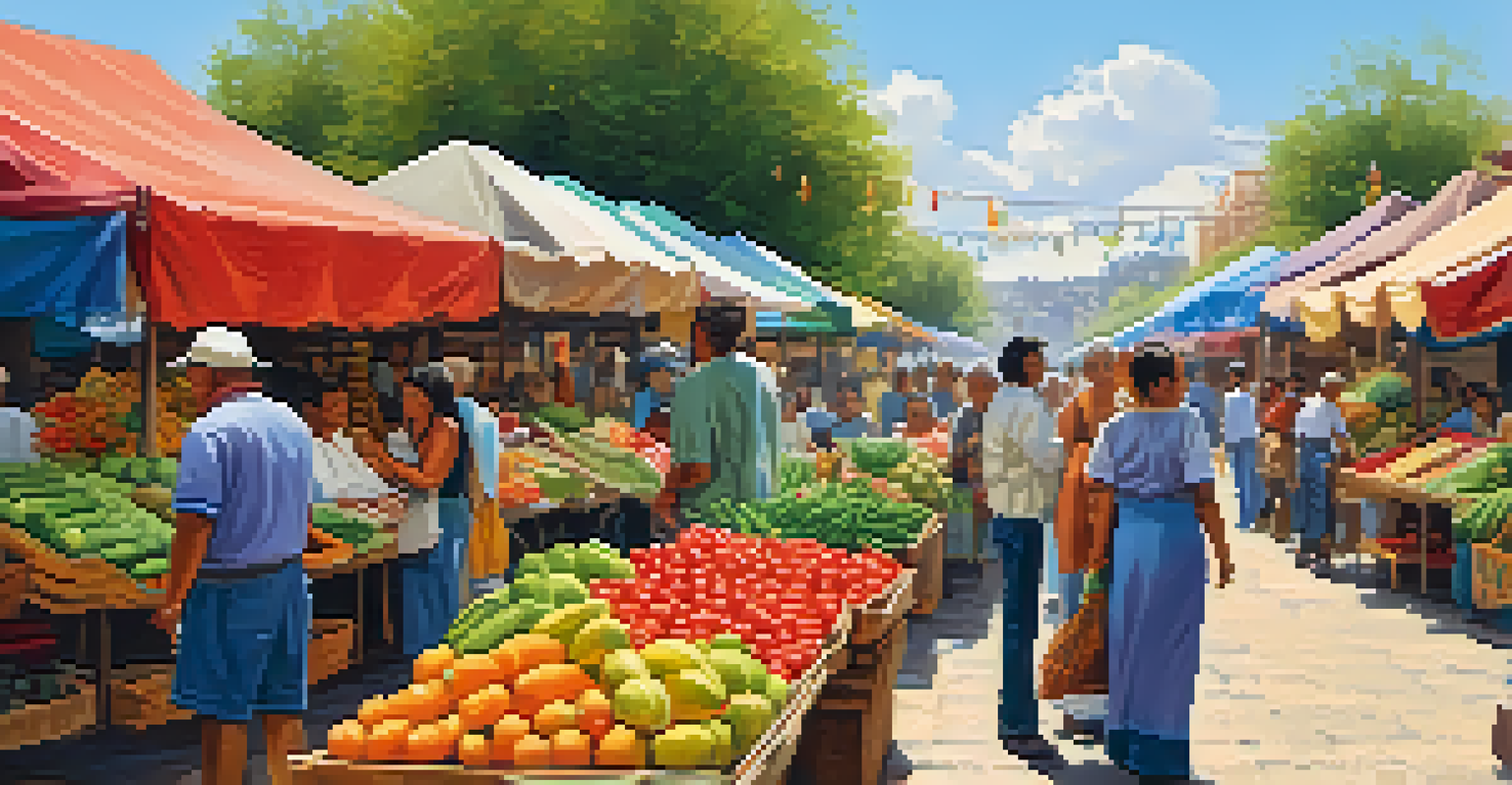A lively outdoor market scene with colorful stalls selling fresh produce and handmade crafts, bustling with people under a bright blue sky.