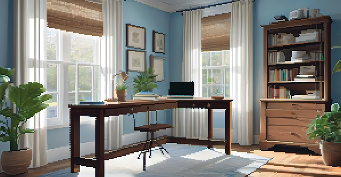 A cozy home office with a wooden desk, laptop, potted plant, and soft natural light coming through a window.