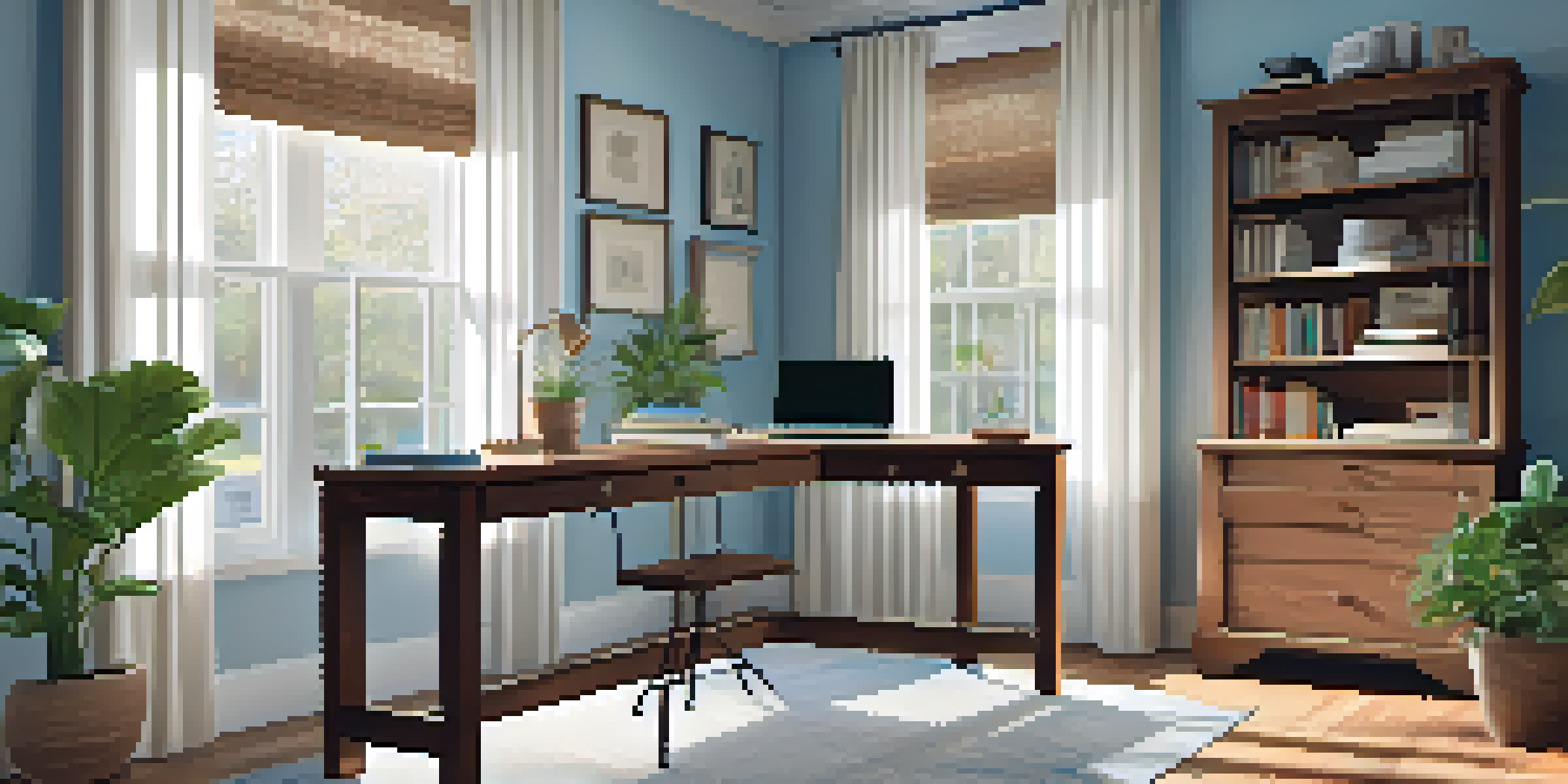 A cozy home office with a wooden desk, laptop, potted plant, and soft natural light coming through a window.