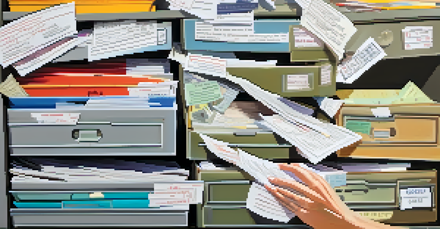 Close-up of hands sorting receipts in a filing cabinet, showcasing different categories and colorful receipts.