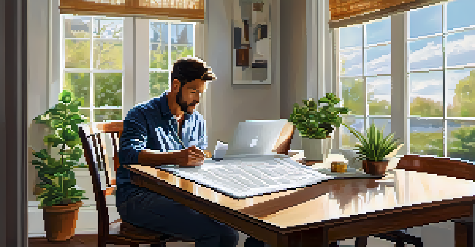 A homeowner at a dining table, reviewing documents for energy efficiency tax credits, with natural light streaming in.
