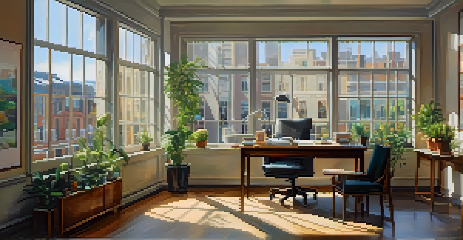 A bright office workspace with a laptop and a view of the street outside.