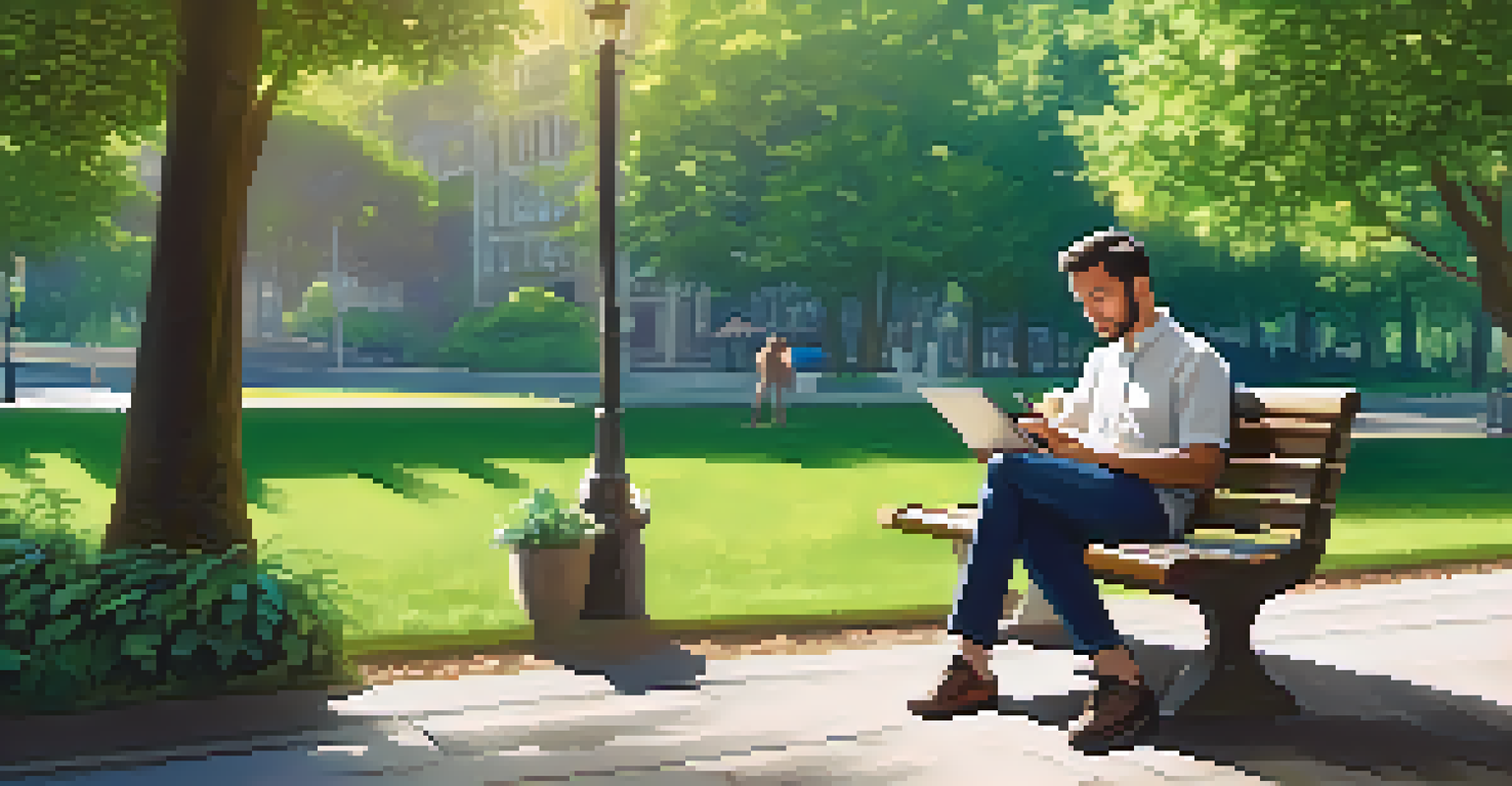 A person sitting at a park bench with a tablet, reviewing travel expenses, surrounded by greenery and soft sunlight.