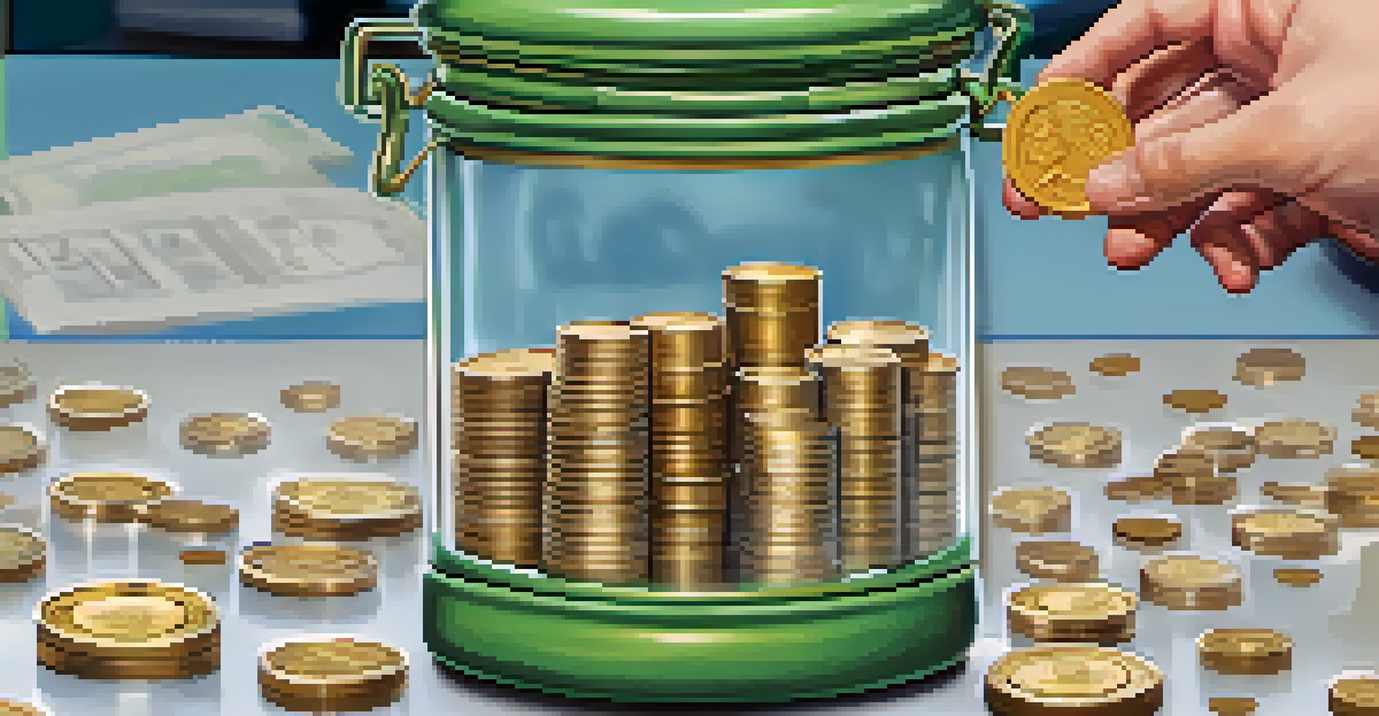 A close-up of a hand putting a coin into a transparent jar labeled 'Public Services', with blurred images of schools and hospitals in the background.