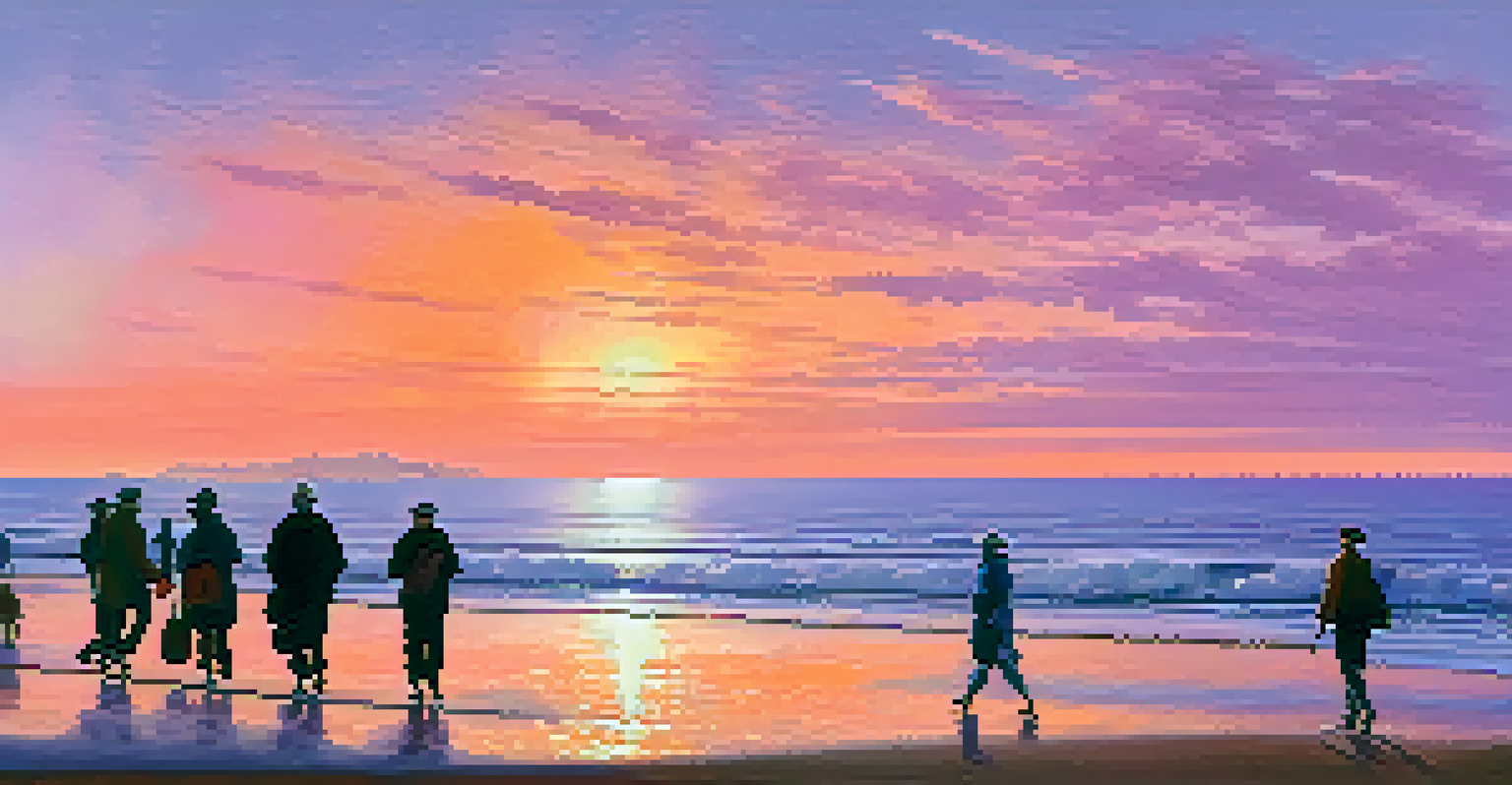 Retirees walking along a beach at sunset, with a colorful sky reflecting on the water.