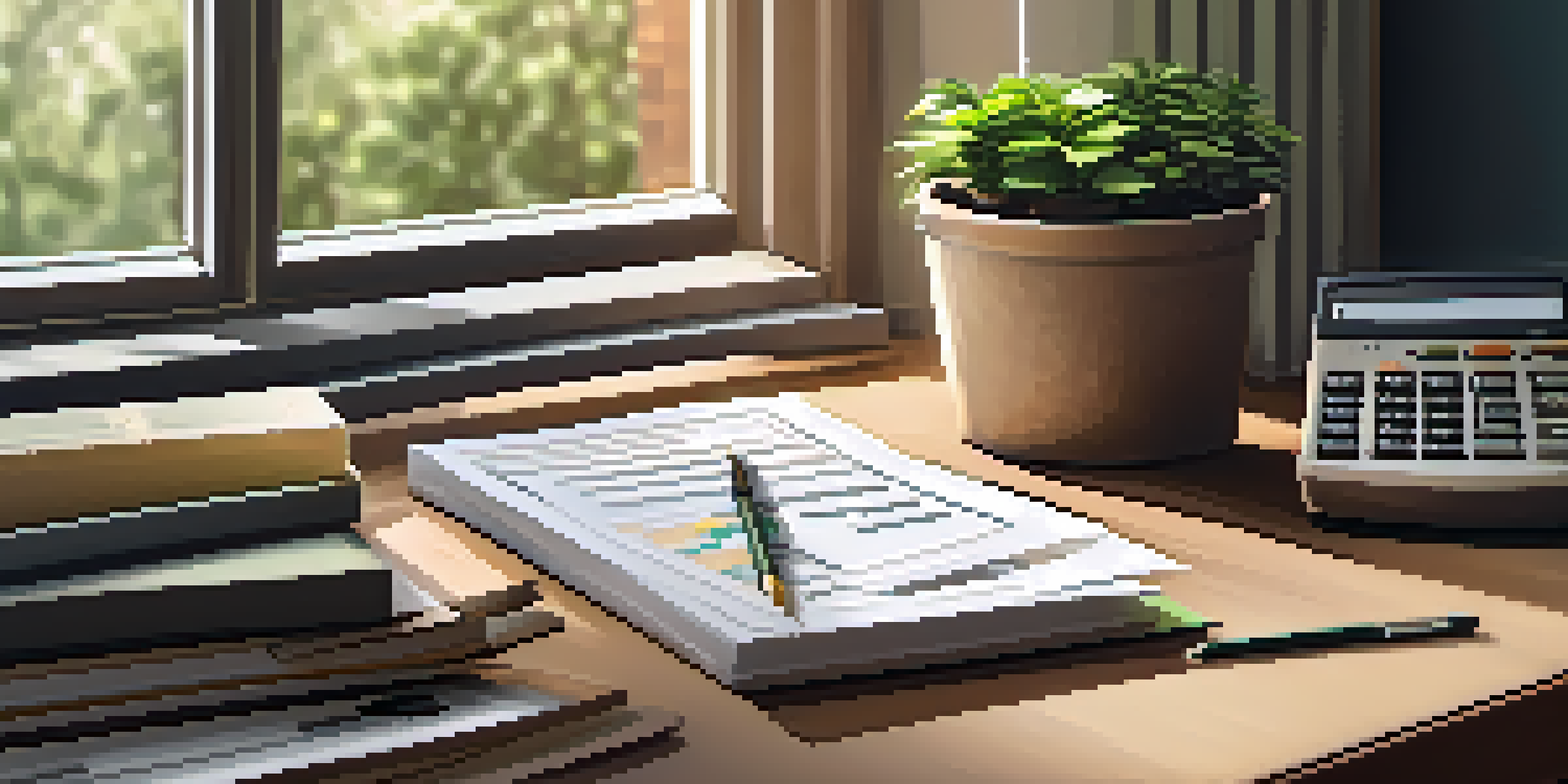 A financial planner's desk with a calculator, documents, and a cup of coffee, illuminated by warm lighting and natural light from a window.