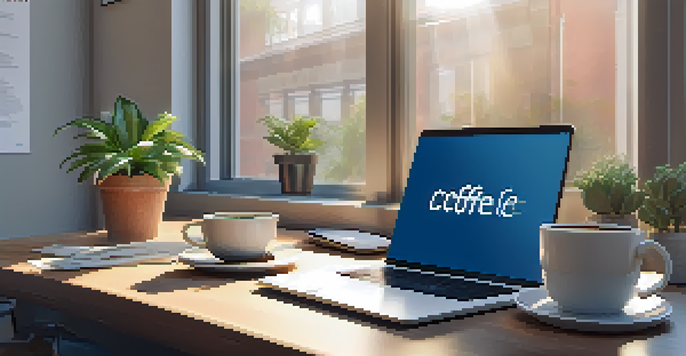 A tidy office with a wooden desk, organized documents, an open laptop, and a potted plant, bathed in soft natural light.