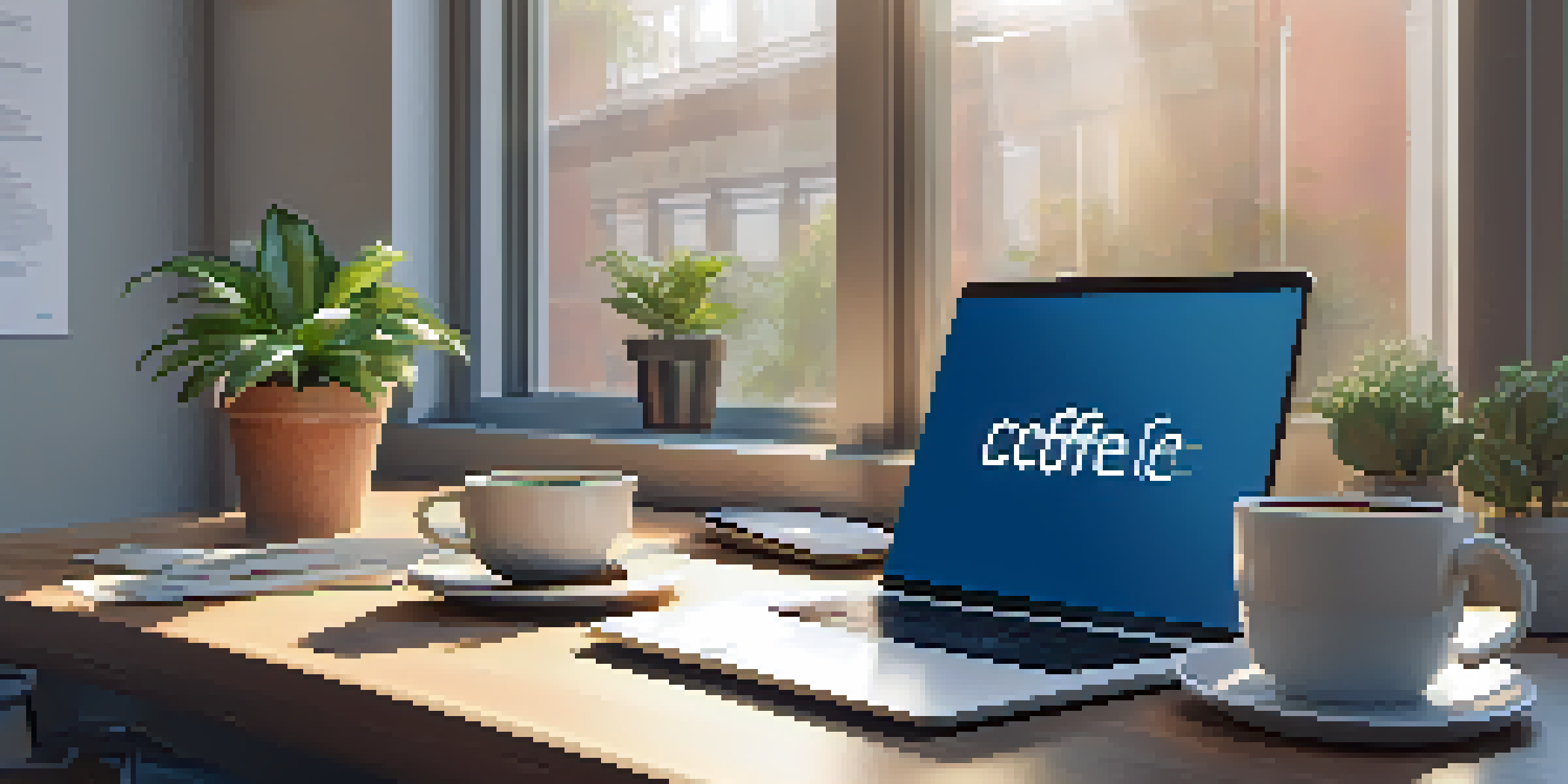 A tidy office with a wooden desk, organized documents, an open laptop, and a potted plant, bathed in soft natural light.
