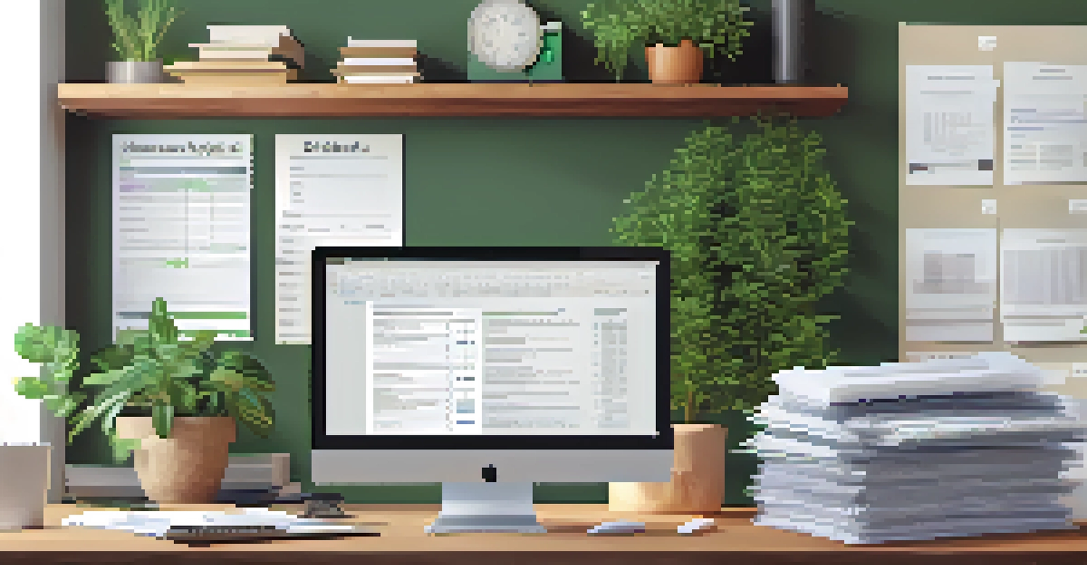 An organized workspace with stacked 1099-B forms, a laptop, and a cup of coffee, set in a well-lit environment.