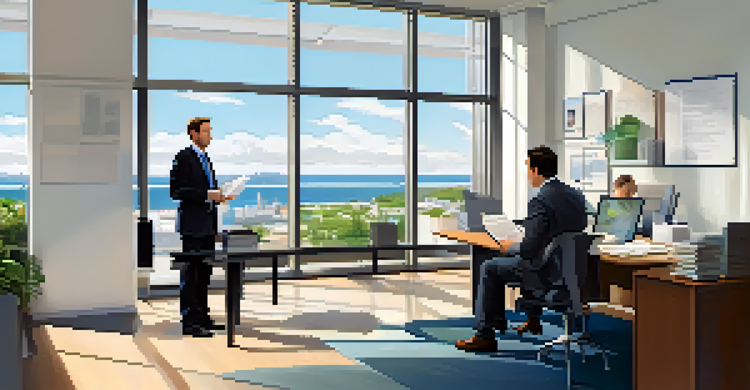 A tax advisor and client engaged in discussion in a bright office setting with modern decor.