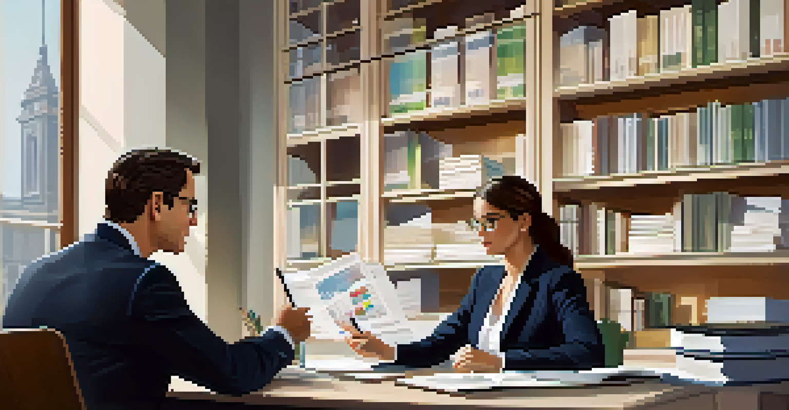 A tax advisor and a client discussing over a laptop in a well-lit office filled with financial charts and books.
