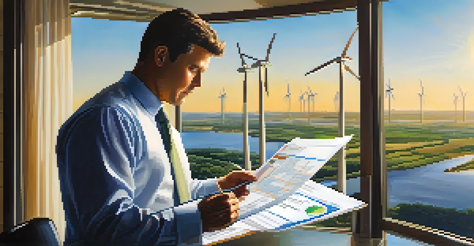 A business owner studying financial reports with renewable energy sources visible in the background, illustrating the impact of tax incentives on green initiatives.