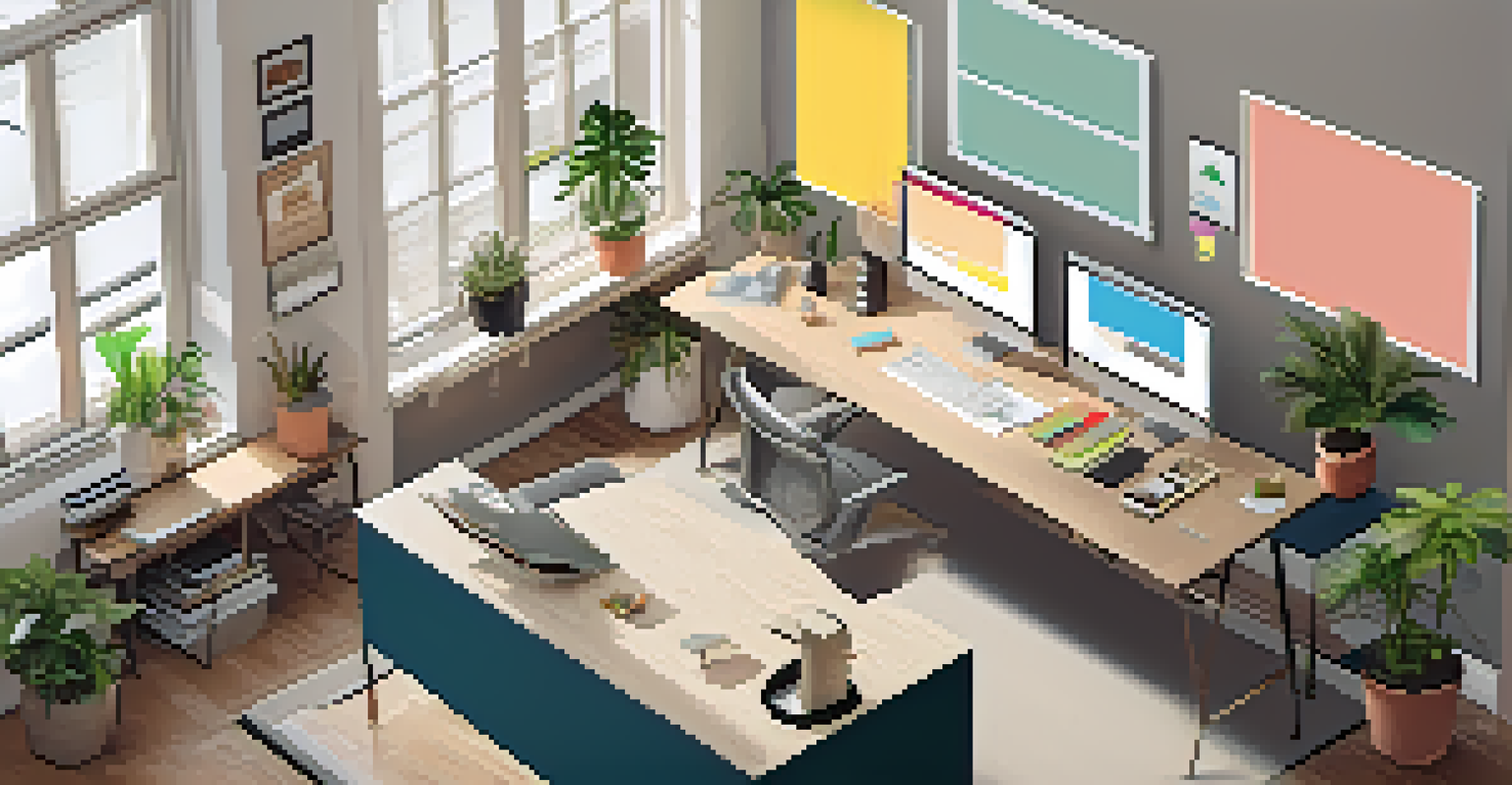 An aerial view of a modern home office with a large desk and multiple monitors.