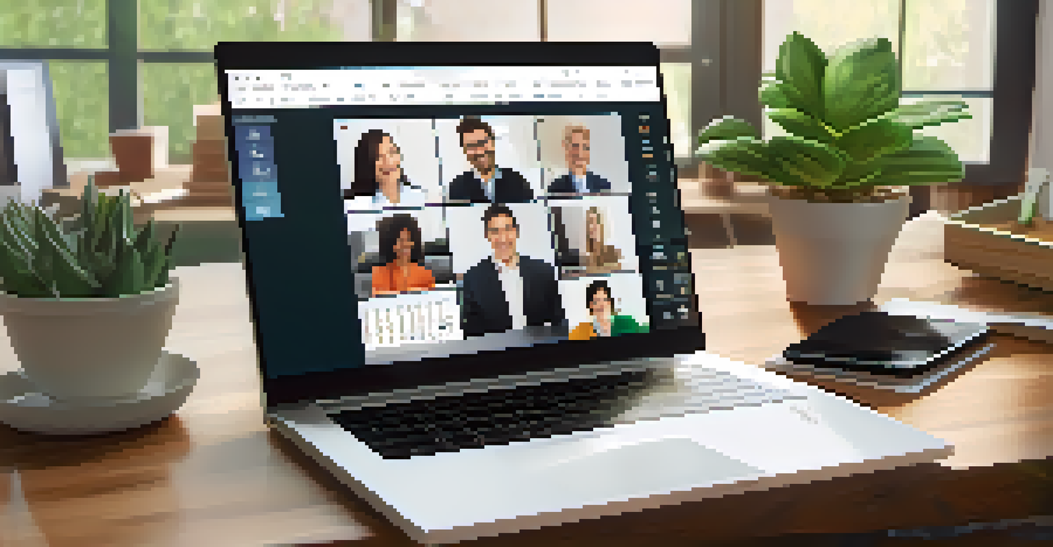 A close-up of a laptop screen showing a video call between a tax professional and an employee, with charts and tax documents visible.