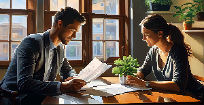 A couple discussing their tax strategy over a wooden table with financial documents and a laptop, illuminated by natural light.