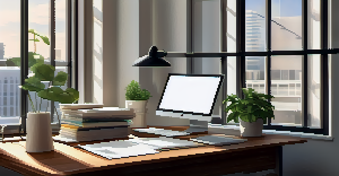 An organized office desk with financial documents and a laptop, illuminated by soft natural light.