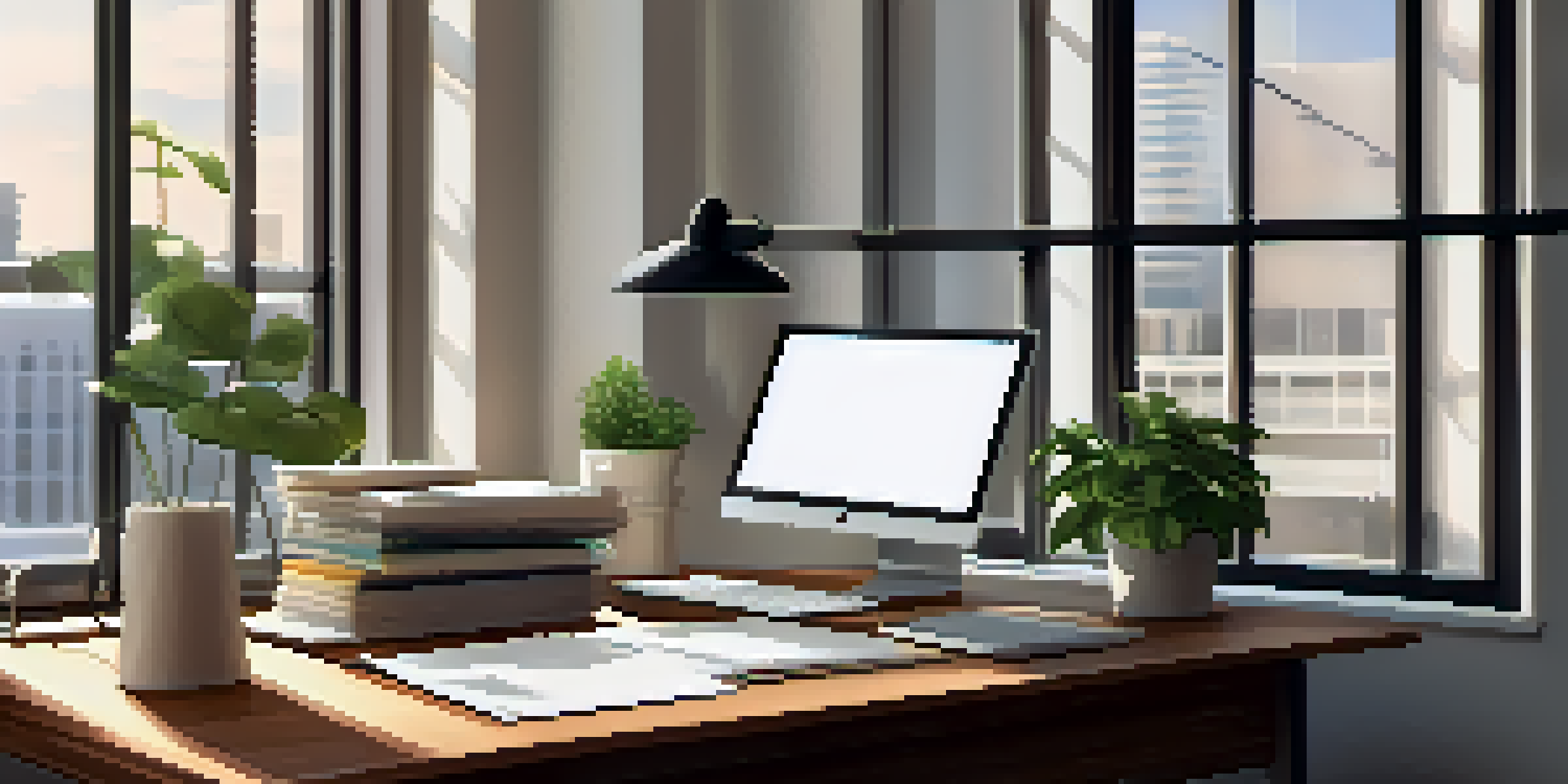 An organized office desk with financial documents and a laptop, illuminated by soft natural light.