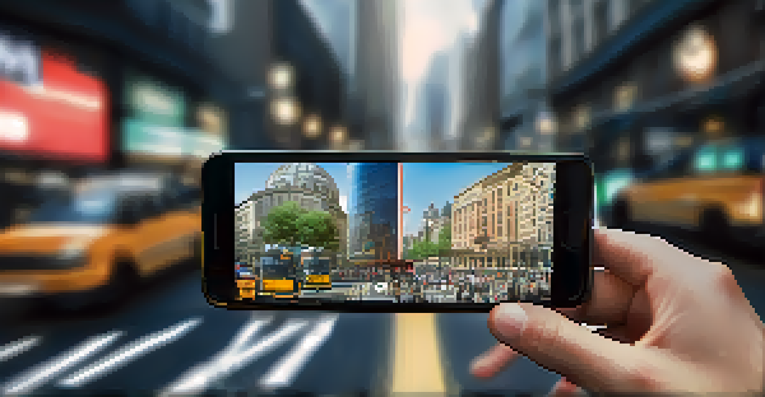 A smartphone displaying a gig economy app interface against a blurred city street background with people and vehicles in motion.