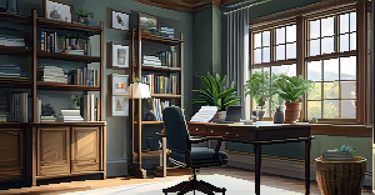 A stylish home office with a wooden desk, laptop, and natural light coming from a large window.