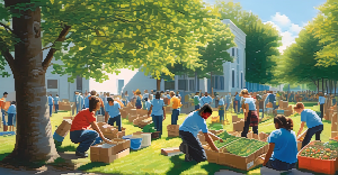 A diverse group of people volunteering in different charitable activities outdoors, surrounded by nature.