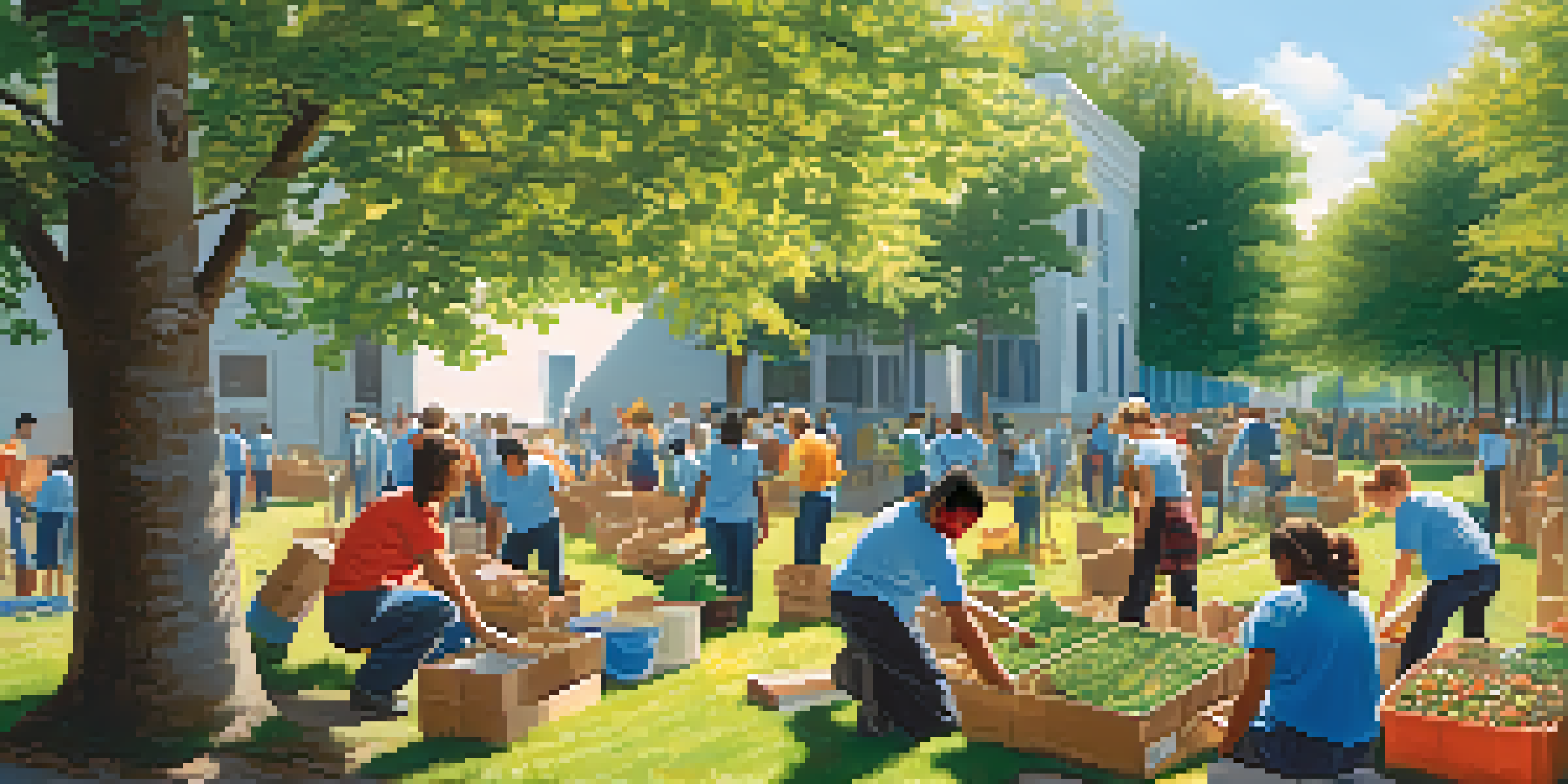 A diverse group of people volunteering in different charitable activities outdoors, surrounded by nature.