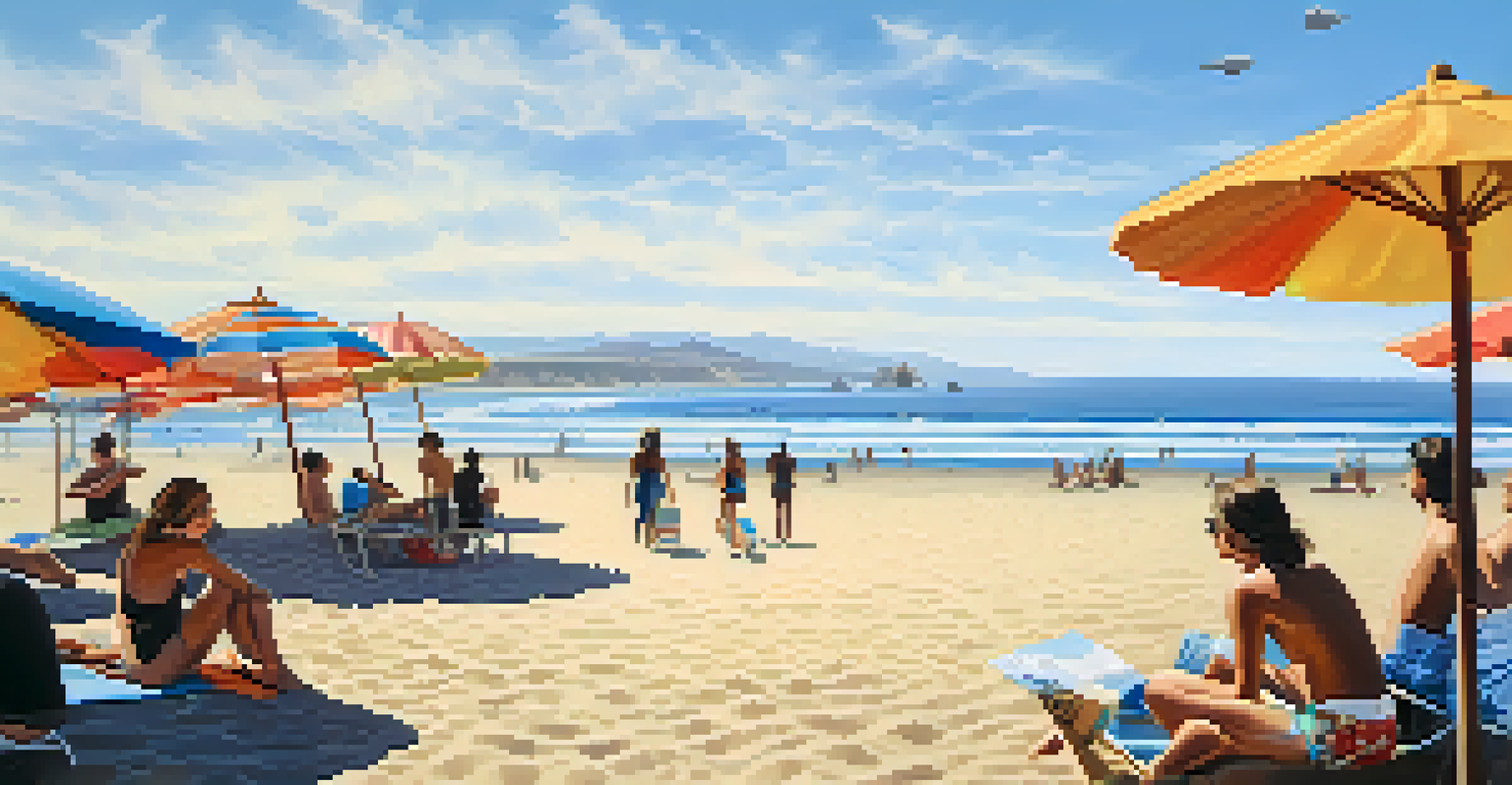 A tranquil California beach with surfers, golden sand, and clear blue sky.