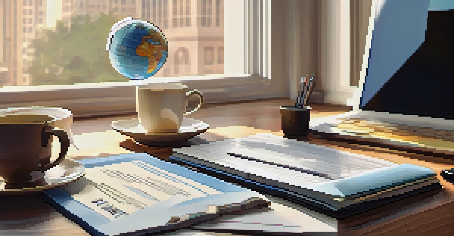A desk with tax documents, a laptop showing financial software, and a globe, illuminated by soft natural light.