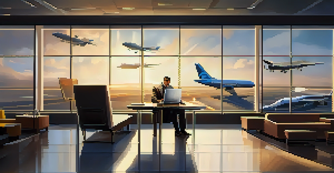 A business traveler in an airport lounge, focused on their laptop with coffee, surrounded by large windows and planes outside.