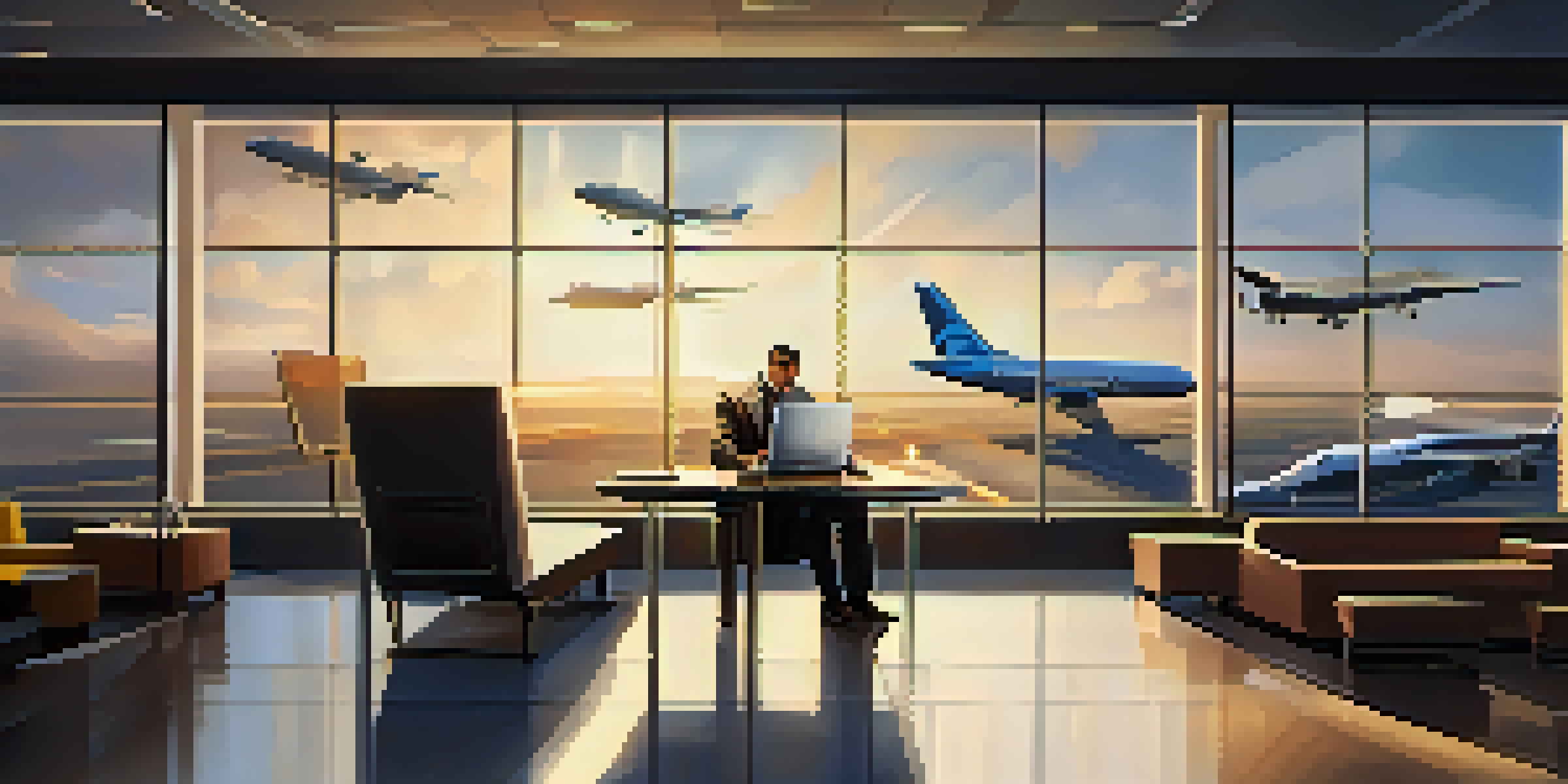 A business traveler in an airport lounge, focused on their laptop with coffee, surrounded by large windows and planes outside.