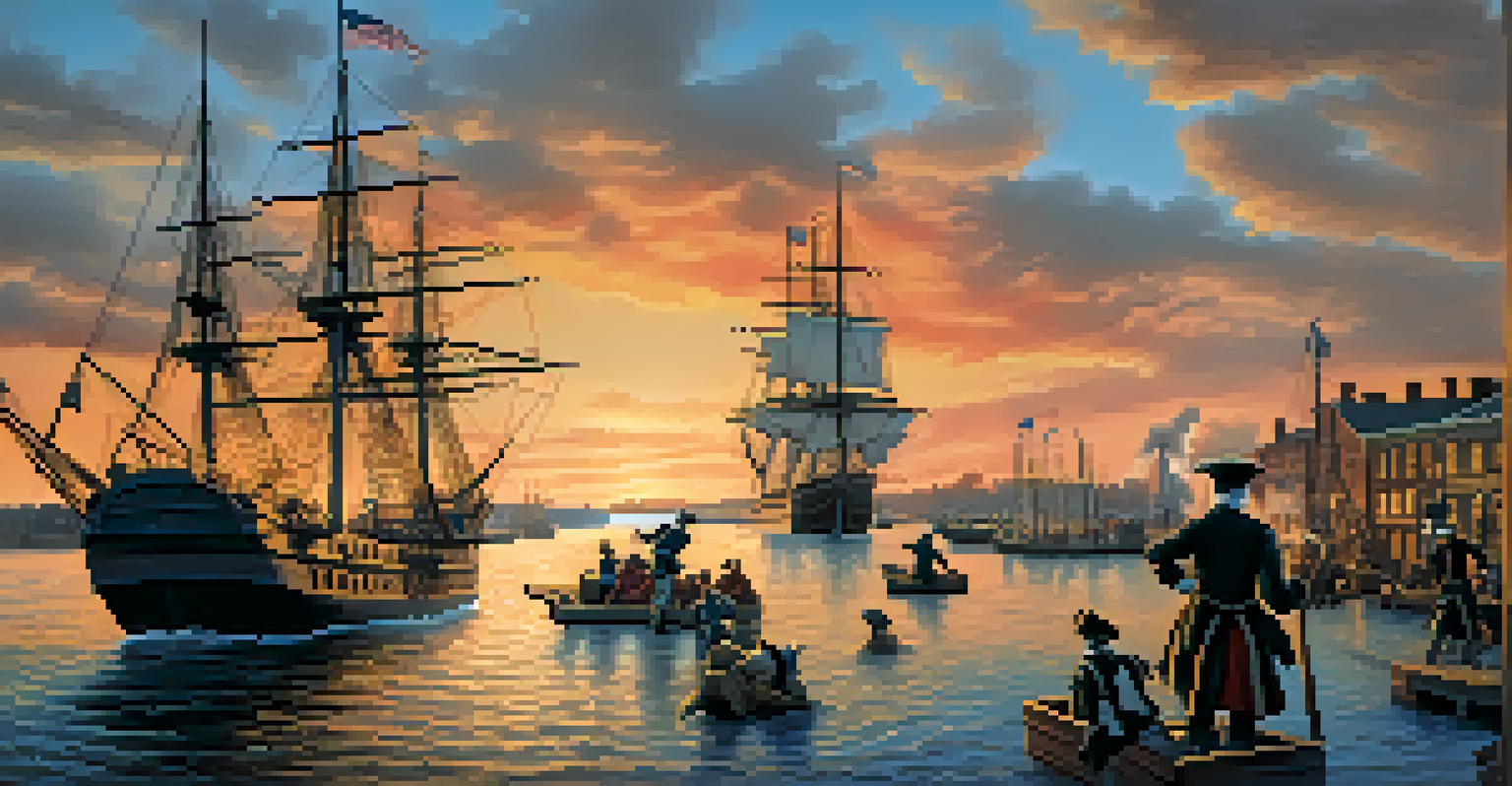 Historical reenactment of the Boston Tea Party, with people in period costumes throwing tea into the harbor at dusk.