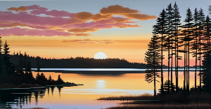 A peaceful sunset over a calm lake surrounded by pine trees, with warm colors reflecting in the water.