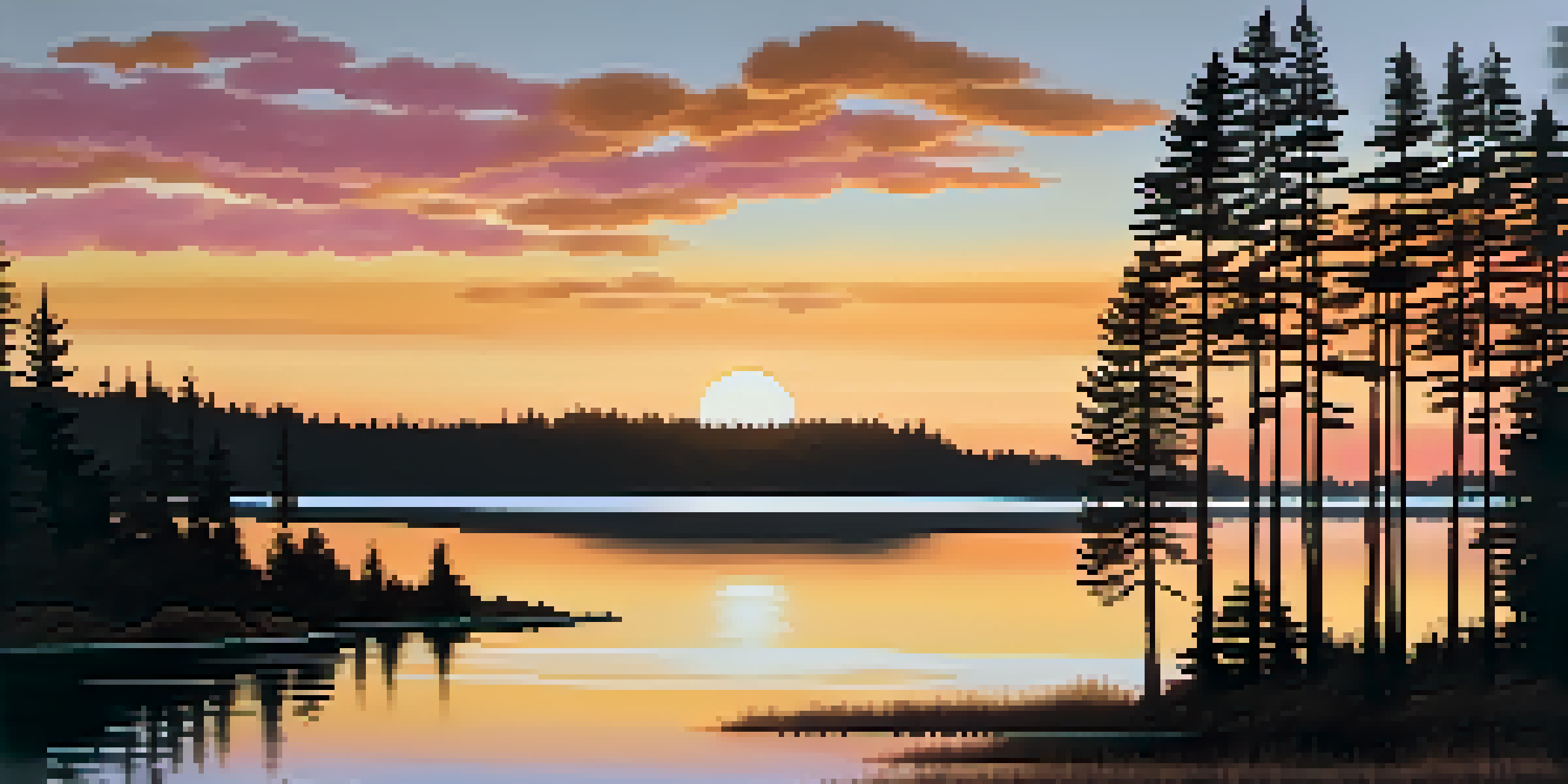 A peaceful sunset over a calm lake surrounded by pine trees, with warm colors reflecting in the water.