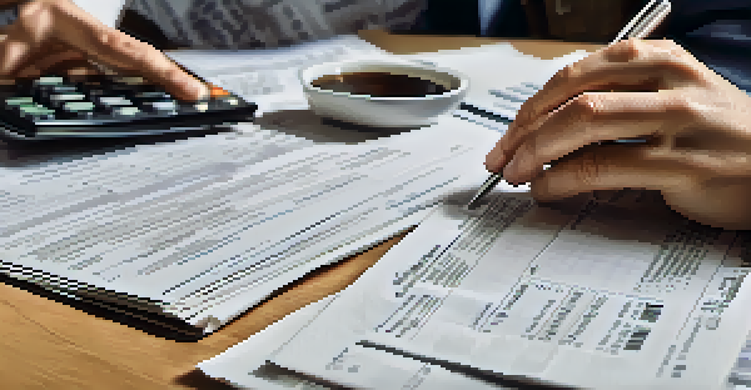 Close-up of hands sorting financial documents and tax forms with a calculator and coffee cup nearby.