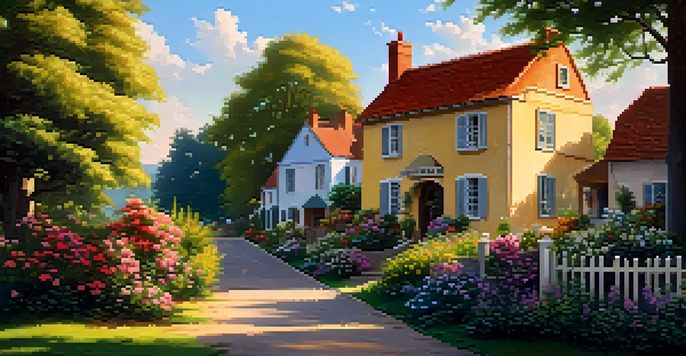 A picturesque small town surrounded by greenery at sunset, with colorful flowers and warm sunlight.