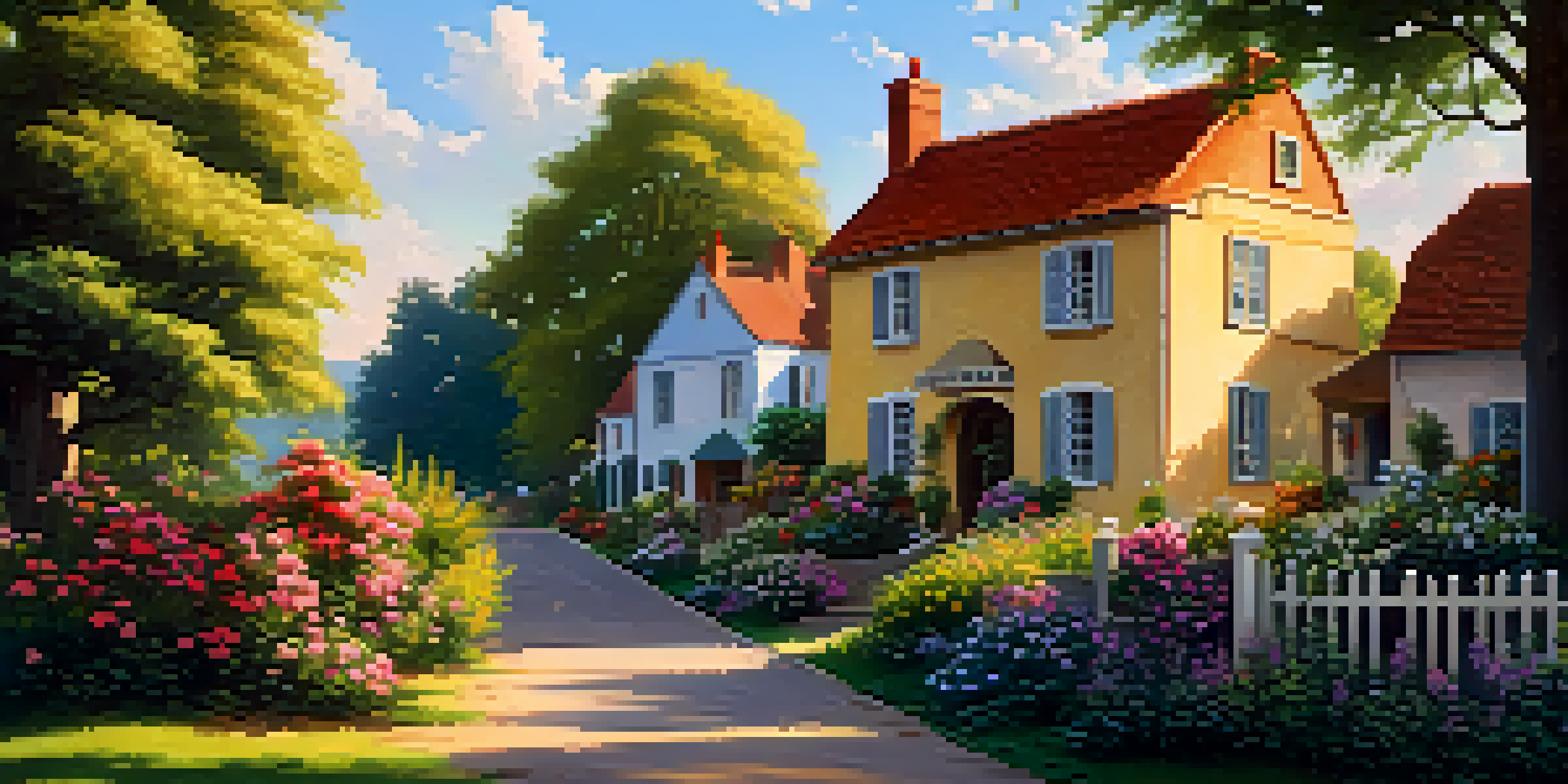 A picturesque small town surrounded by greenery at sunset, with colorful flowers and warm sunlight.