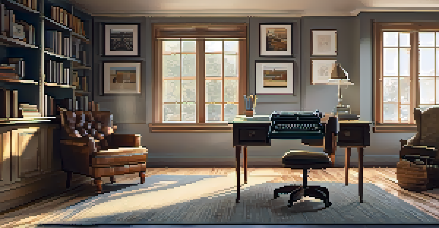 A warm home office with a wooden desk, vintage typewriter, and sunlight streaming through a window.