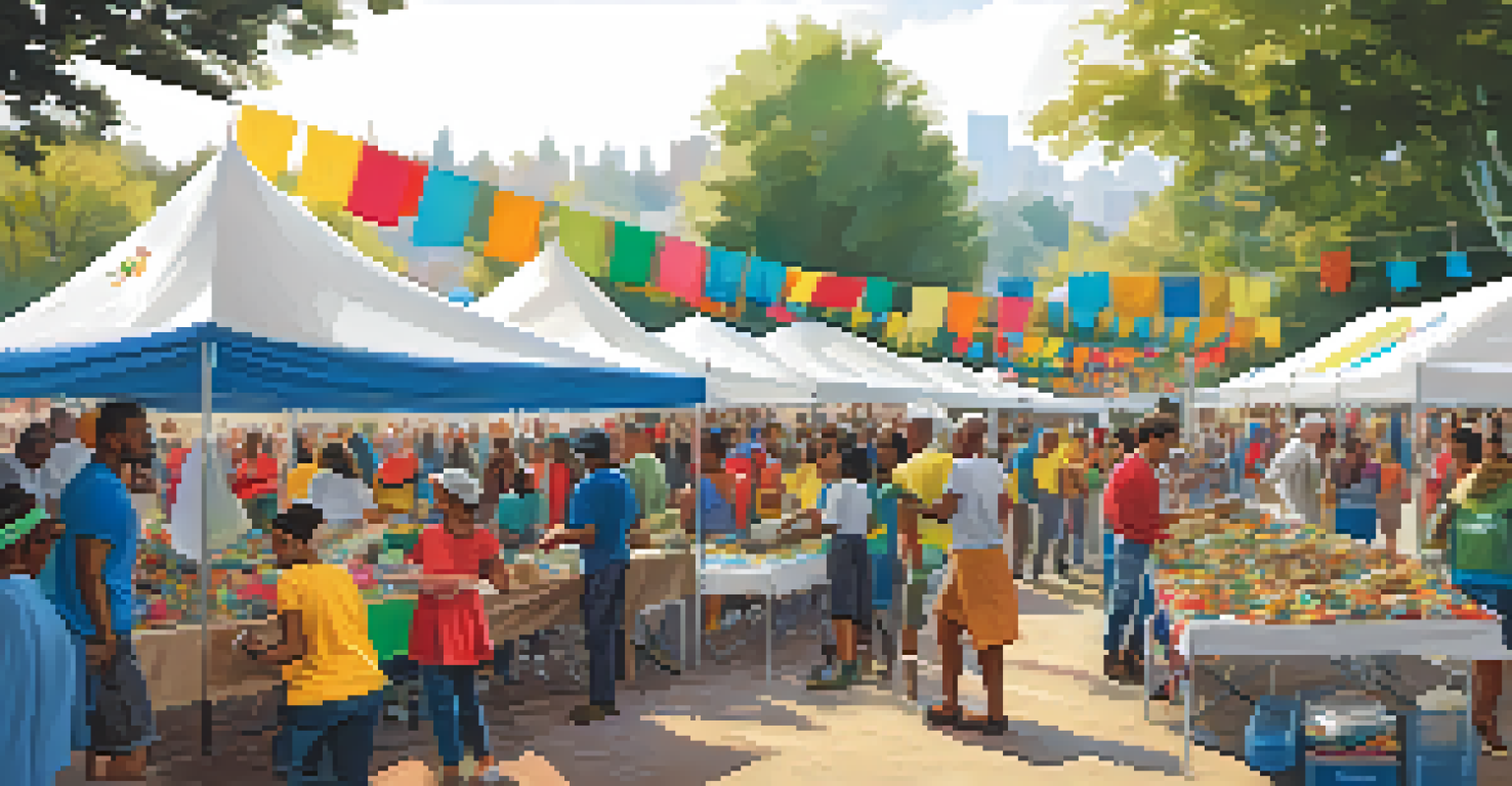 A community charity event with diverse volunteers sorting donations under tents.