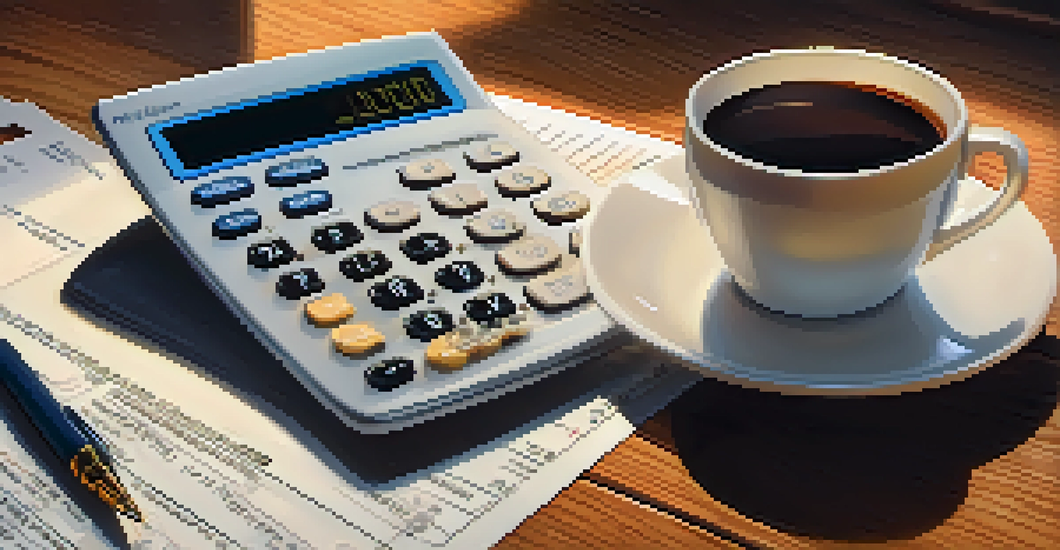 A close-up view of a calculator displaying tax deduction numbers, tax documents, and a cup of coffee on a wooden table under warm lighting.