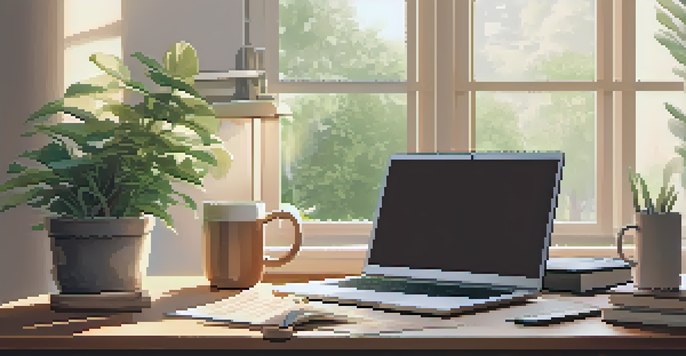 A cozy home office with a desk, laptop, tax documents, coffee, and plants, bathed in natural light.
