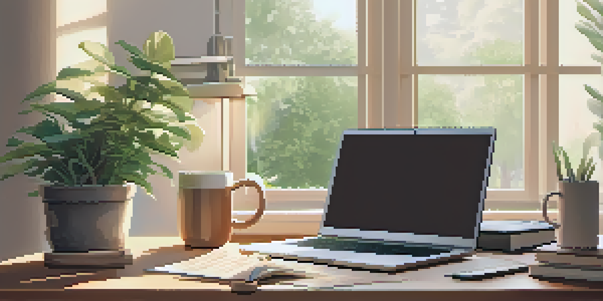 A cozy home office with a desk, laptop, tax documents, coffee, and plants, bathed in natural light.